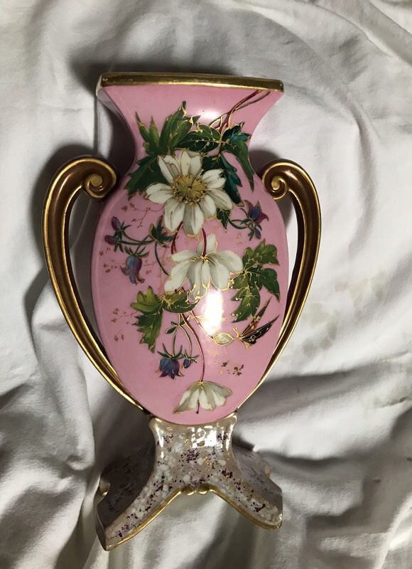 10.5x7" antique ceramic pink floral vase