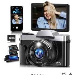 New 4K Digital Camera for Photography with WiFi,64MP Autofocus Vlogging Camera for YouTube,3'' 180° Flip Screen Compact Travel Camera for Teens with 3