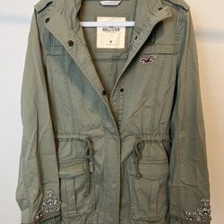 Jeweled Hollister zip up jacket With hoodie Women size M Army Green