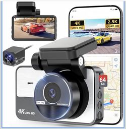 NEW Dash Cam Front Rear, 4K/2.5K Full HD Dash Camera for Cars, Included 64GB Card, Built-in Wi-Fi Camera, Night Vision, 3” IPS Screen, 170°Wide Angle,