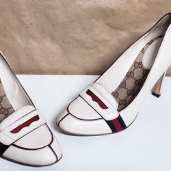 Gucci White Leather Lifford Penny Loafer Pumps