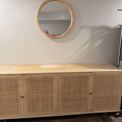 Solid Wood + Real Rattan 4-Door Credenza / TV Stand (top needs refinished)