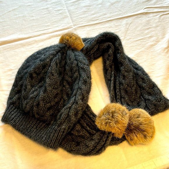 Matching Knit Winter Beanie Hat And Scarf With Rabbit Hair Poms