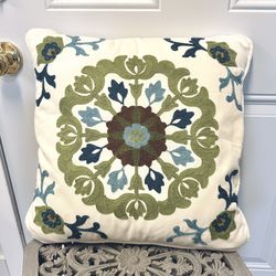 Embroidered Decorative Accent Pillow - White, Blue, Green