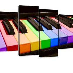 0368: Rainbow Piano Keys Wall Art - Horizontal Multi Panel Canvas - 4 Piece Living Room Wall Decor - Photography Music Multi Piece Wall Art - Black An