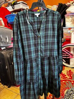 Green and Navy Plaid Button-Front Tiered Dress