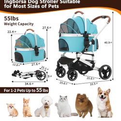 Ingborsa Pet Stroller 3 in 1 Folding Lightweight Dog Stroller with Detachable Carrier & Storage Basket, Premium 4 Wheels Travel Stroller for Puppies, 