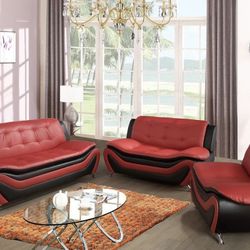 Modern Style Red Leather Three Piece Couch Set