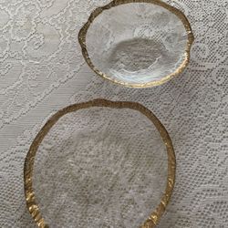 NEW VINTAGE IVV  GLACIER ITALIAN ART  CRYSTAL 10 K GOLD TRIM AROUND THE EDGES PLATE 9 1/2 “ X  10”  W BOWL 8 1/2” X 9”W X 3 2/4”DEEP. SALE MIA  BEACH 