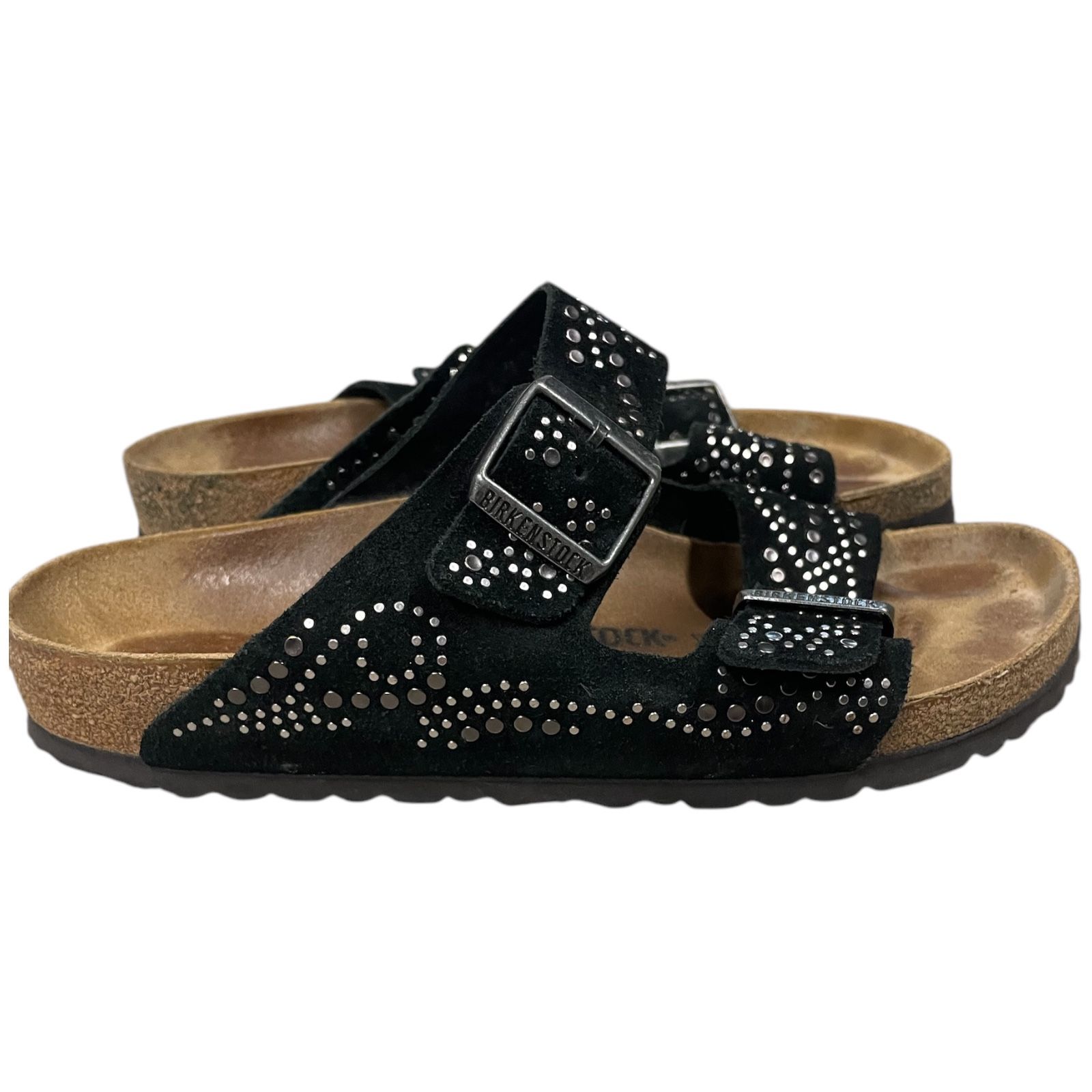 Birkenstock Arizona Silver Riveted Studded Black Suede Sandals Size 40 Womens 9