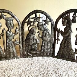 Hand Made Haitian Steel Drum Hammered Metal Nativity Scene 3-Panel Christmas Art Decorations Look