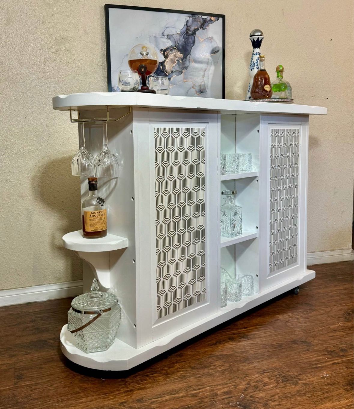 Art Deco Style White and Gold Cantina Bar Cabinet/Bar cart with mirrors
