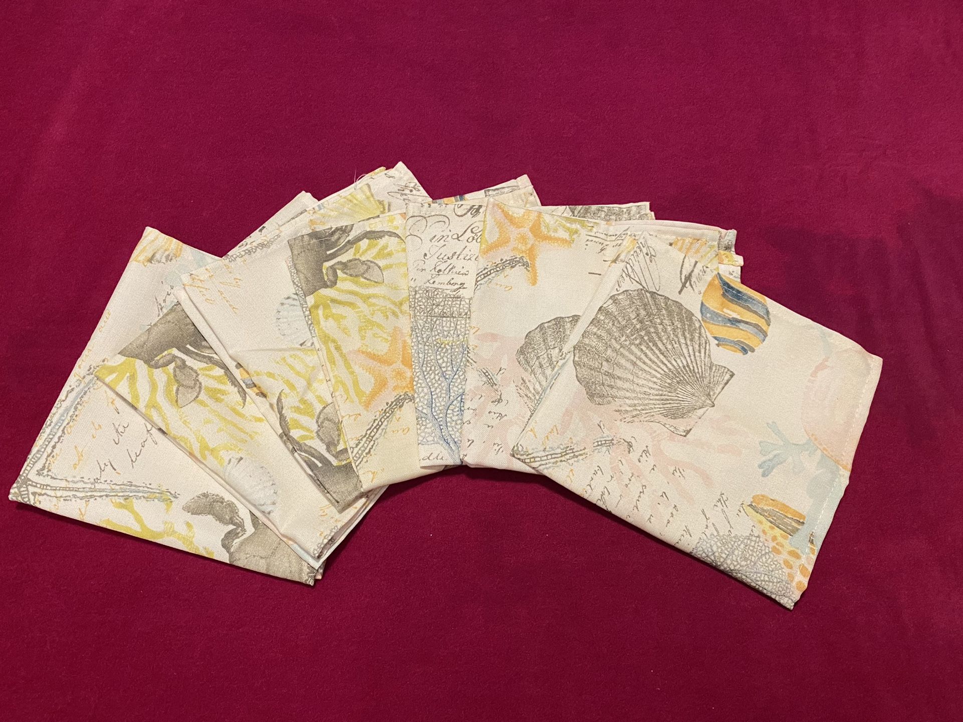 Vintage Set of 7 Linen Table Napkins Shells Nautical Theme