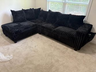 🔥 Black Upholstered Corduroy Fabric L Shape Sectional Couch/Sofa with Charging ports, Cupholder & Pillows | Pay After Delivery 🚚