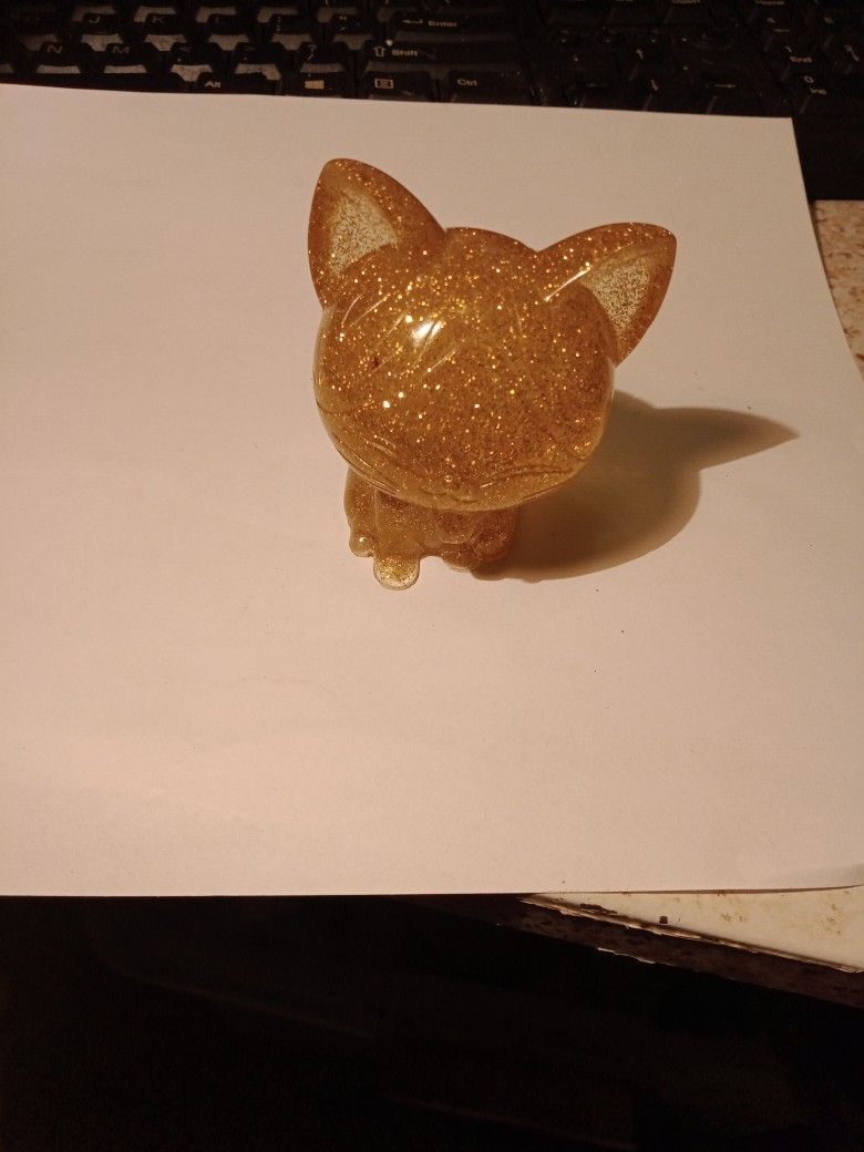 Cat Figurine, Gold Sparkly
