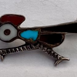 Vintage Hat Pin / Brooch Sterling Silver Roadrunner Stone Inlay Bird