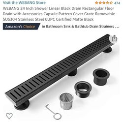 WEBANG 24 Inch Shower Linear Black Drain Rectangular Floor Drain with Accessories Capsule Pattern Cover Grate Removable SUS304 Stainless Steel CUPC Ce