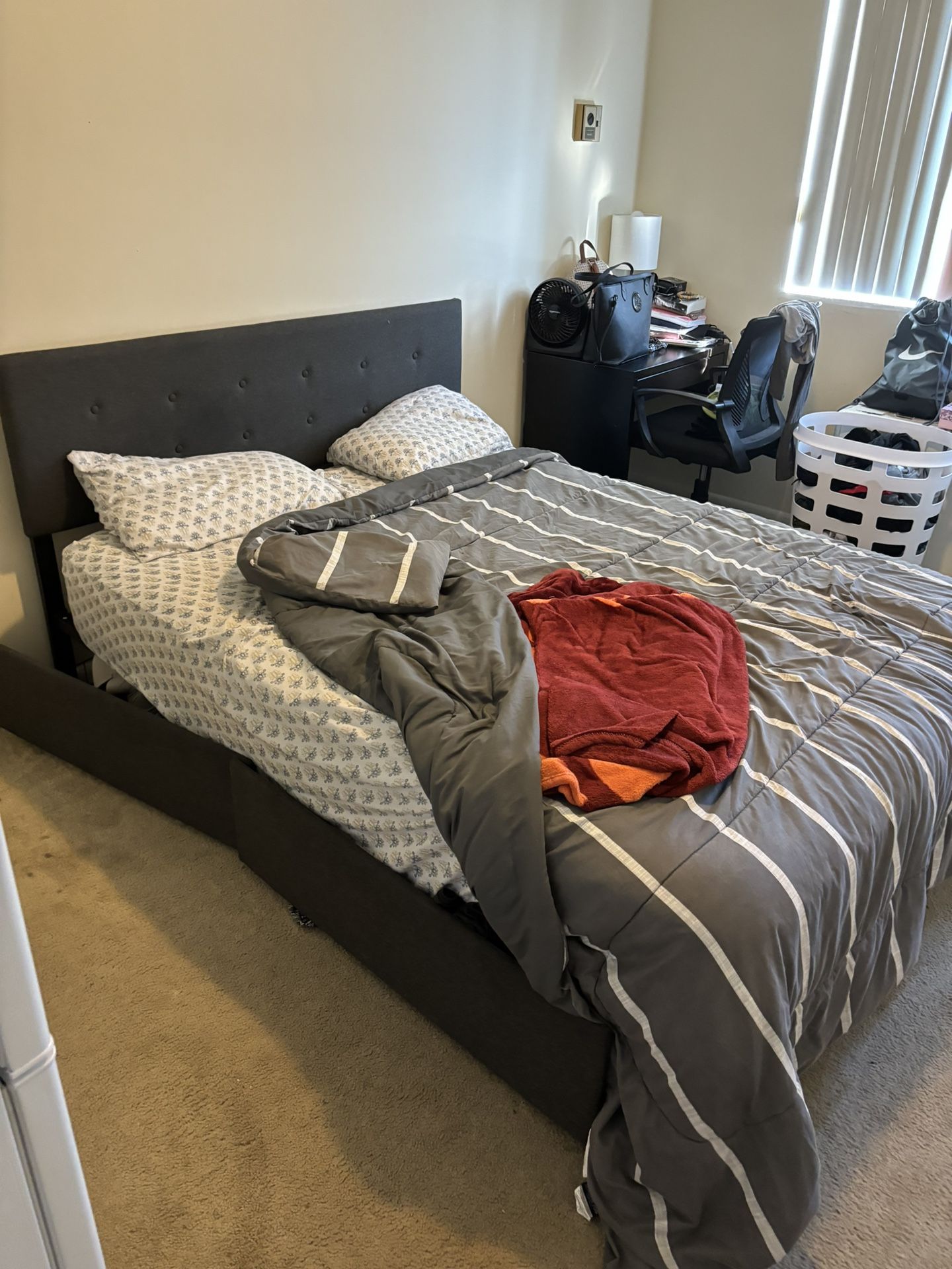 Queen Size Bed Frame, Mattress, Reading Table And Chair 