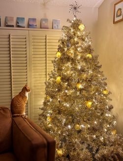 Gold Tinsel Christmas Tree 7.5ft - with lights, ornaments, and decorations included!