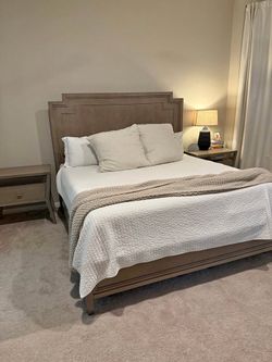 Queen Bed Frame with Geometric Headboard and Matching Nightstands