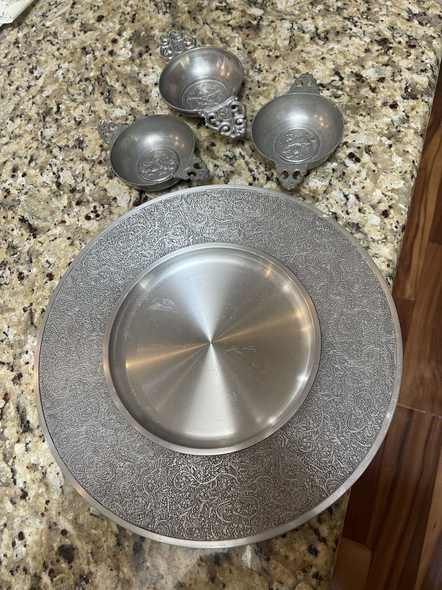 Pewter Antique Hanging Platter and 3 Small Bowls All Marked on Backs