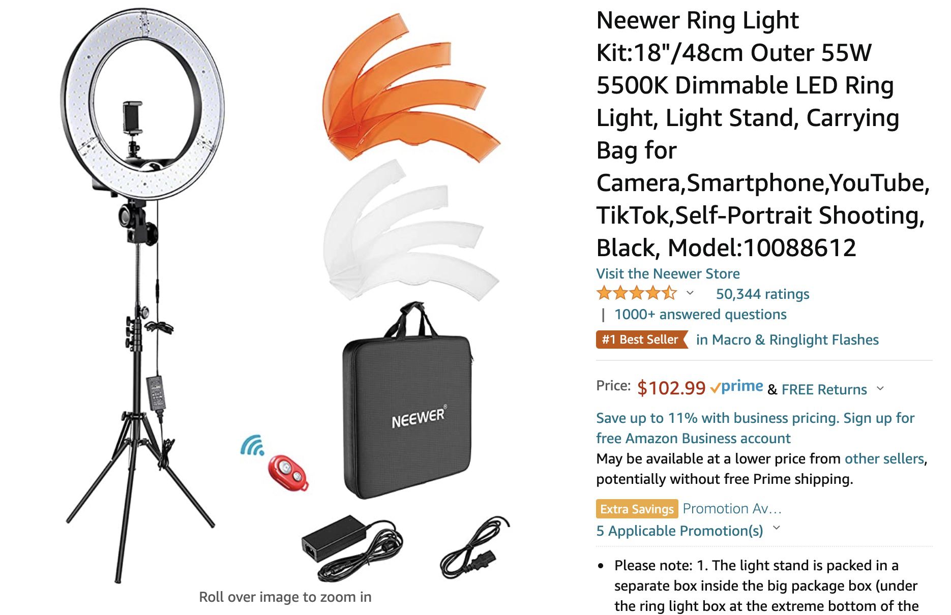 Neewer Ring Light Kit [18/48cm Outer 55W 5500K Dimmable LED Ring