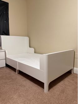 IKEA BUSUNGE White Extendable Kids Bed with Mattress