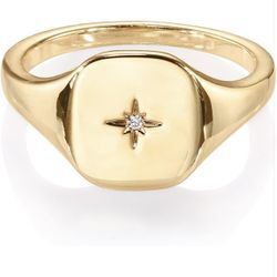 NEW 14K Gold Plated Engraved Signet Ring with North Star | Lightweight Thick Statement Rings for Women | Everyday Jewelry Size 5-9