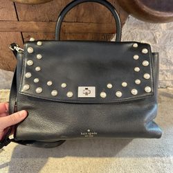 Kate Spade Dorina Serrano Handbag Purse Black Cream Pearls Studs Leather Womens