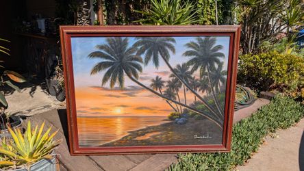 vintage style sunset painting oil on canvas extra large artwork by Daniel seascape beach theme palm trees art