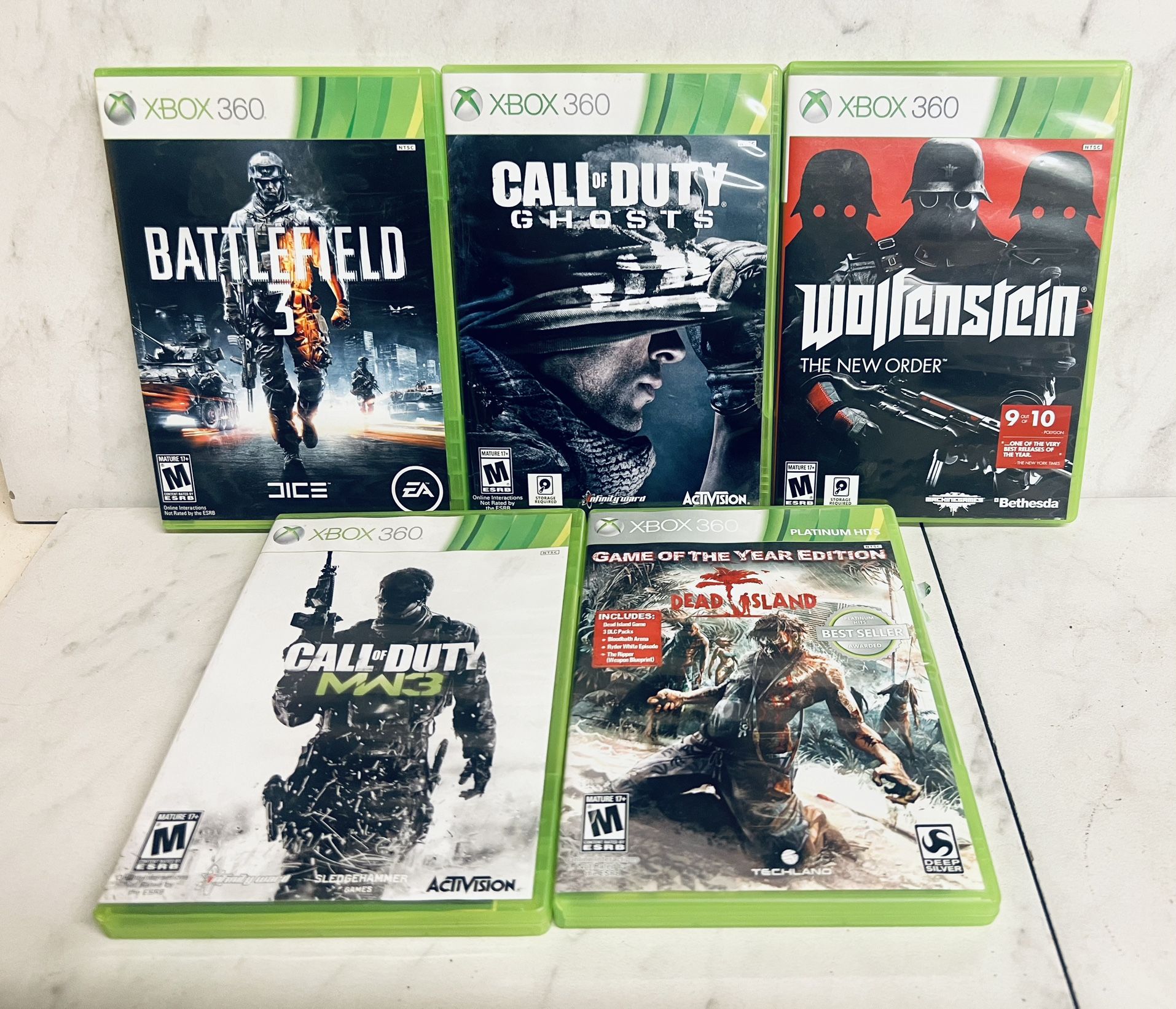 UNTESTED Lot of 5 Games for Xbox 360 incl. COD, Wolfenstein, Battlefield 3 Dead