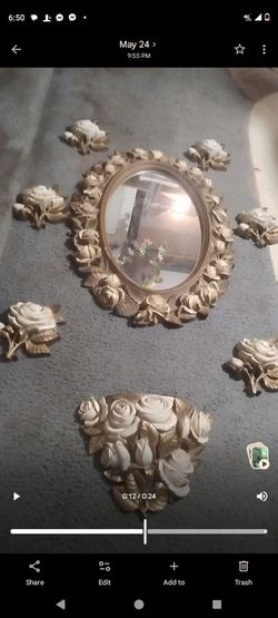 Oval Mirror White Roses Gold Leaf 1974 Homco Hollywood Regency Wall