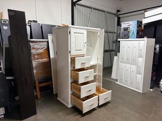 White Wood Armoire with Drawers and Cabinet