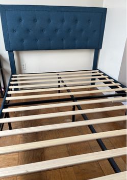 Like new blue Upholstered Queen Platform Bed Frame low price for urgent moving