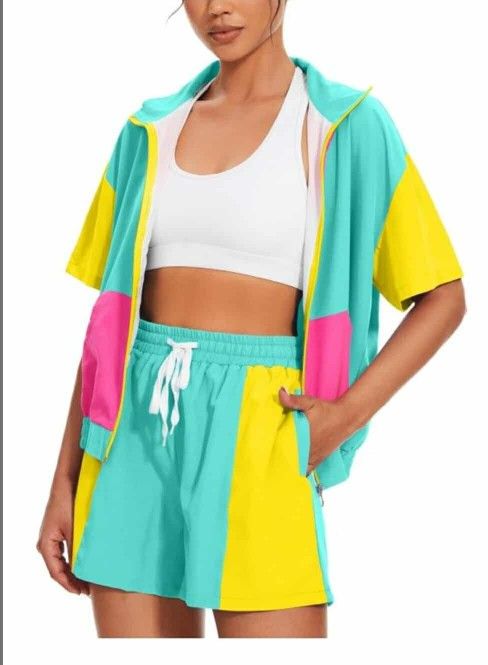 Women's 80s Color Block Outfits 2 Piece Tracksuit 90s Party Costume Summer Zip Up Windbreaker & Short Sets
