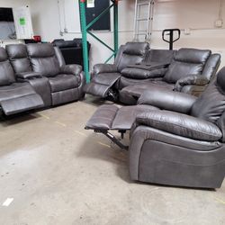 NEW MATCHING GUN METAL GRAY 3PC RECLINING SOFA, LOVESEAT & CHAIR SET 