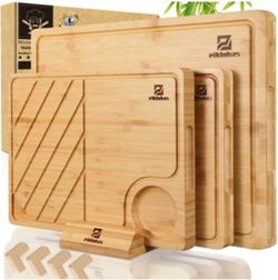 Piklohas Large Bamboo Cutting Boards Set of 4 for Kitchen, Bamboo Charcuterie Chopping Board with Holder Non Slip, Steak Serving Tray with Juice Groov