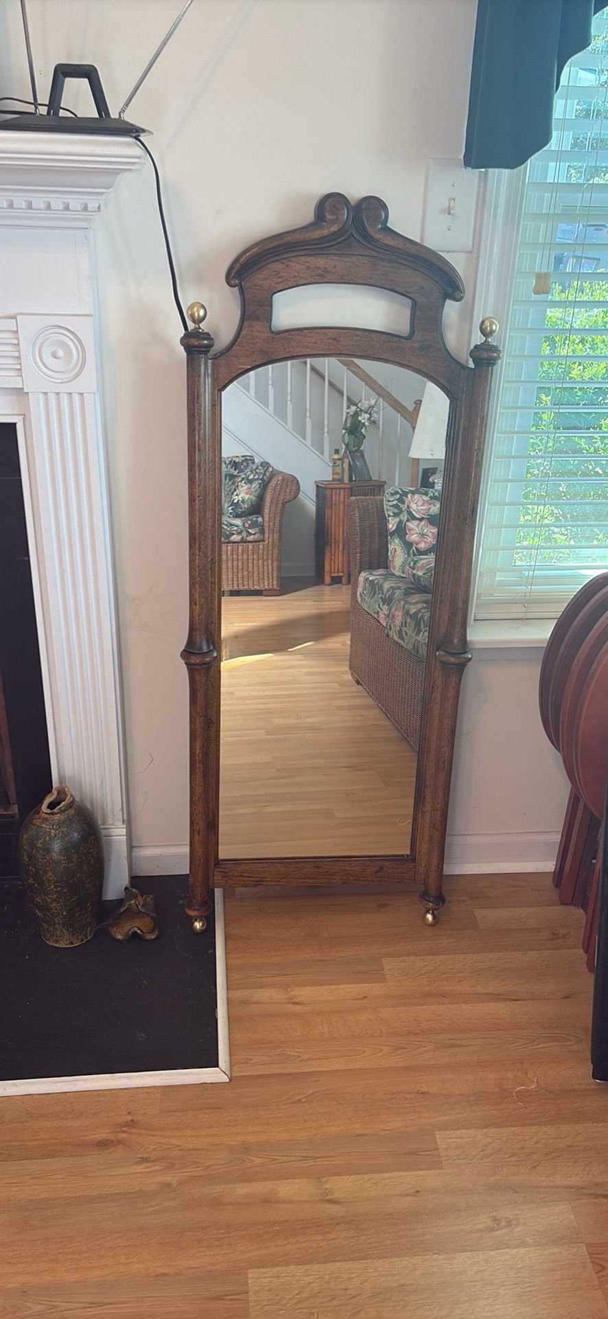 Vintage Victorian Revival Floor Mirror – Ornate Wood Frame w/ Brass Accents