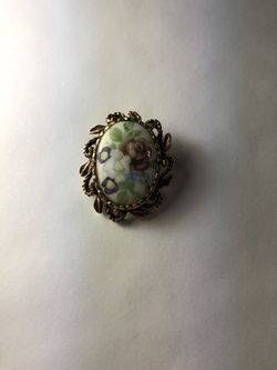 Porcelain Floral Goldtone Brooch Pin Vintage