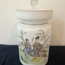 Vintage Norleans Satin Glass Chinoiserie Lidded Apothecary Jar Made In Italy