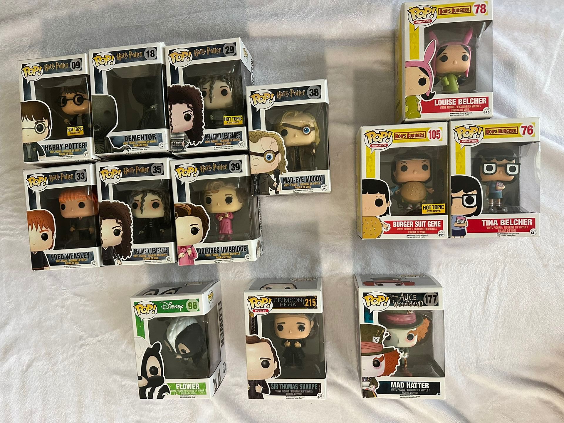 $20 EACH Funko Pops. Harry Potter, Bobs Burgers, Flower, Crimson Peak, Alice In Wonderland
