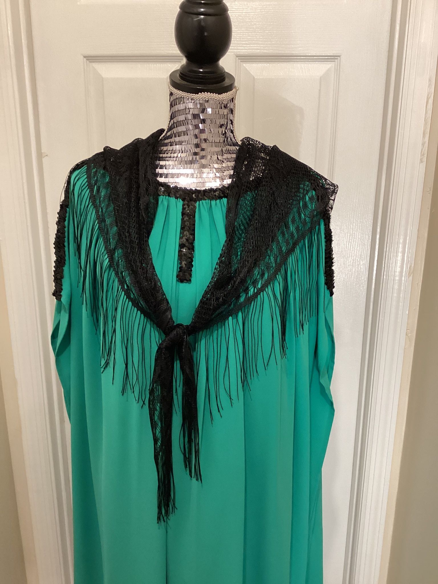 Green Dress and Black Shawl