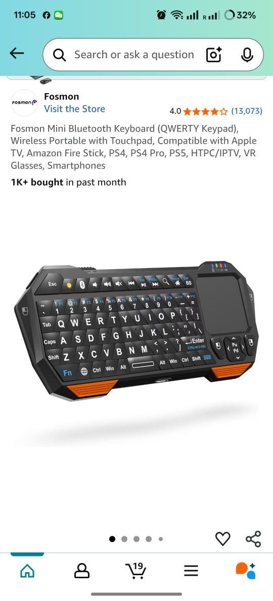Fosmon Mini Bluetooth Keyboard (QWERTY Keypad), Wireless Portable with Touchpad, Compatible with Apple TV, Amazon Fire Stick, PS4, PS4 Pro, PS5, HTPC/