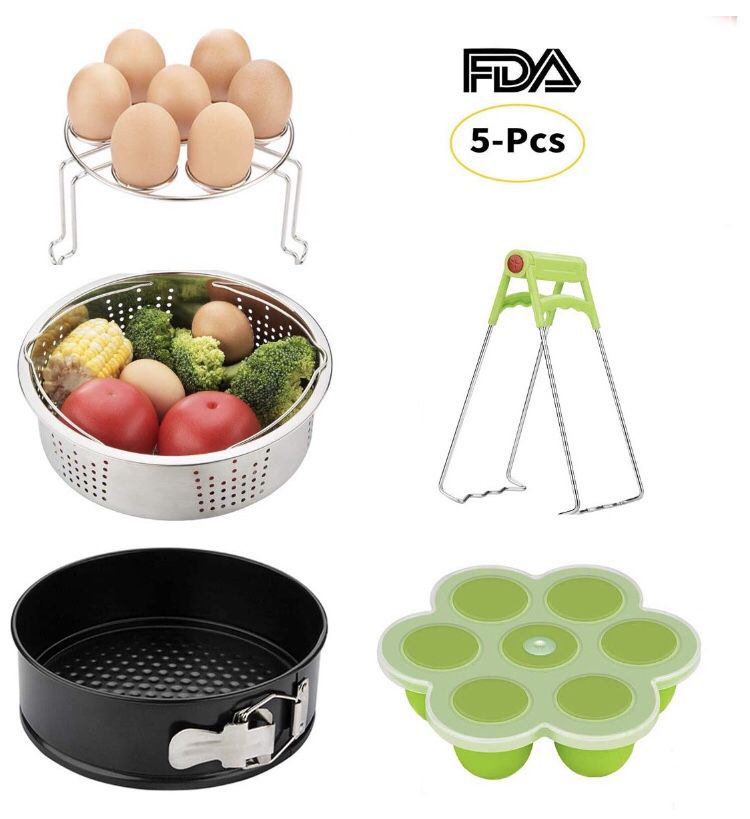 DishClip Instant Pot Accessories Set-Fits 5,6,8Qt Instapot Pressure Cooker,5-Pcs Basket Steamer Rack/Egg Bites Molds/Non-Stick Springform Pan, White