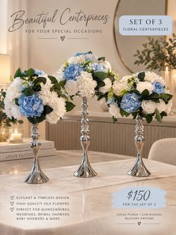 Set of 3 Silk Floral Centerpieces Silver Stands