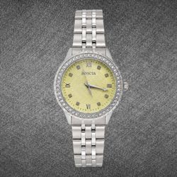 Invicta Silver-Tone Crystal Bezel Yellow Dial Bracelet Watch - Brand New