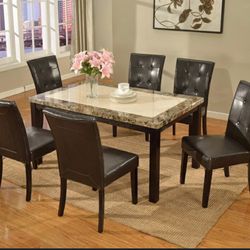7 Pc Two Tone Top Faux Marble Wooden  Dining Table Set 