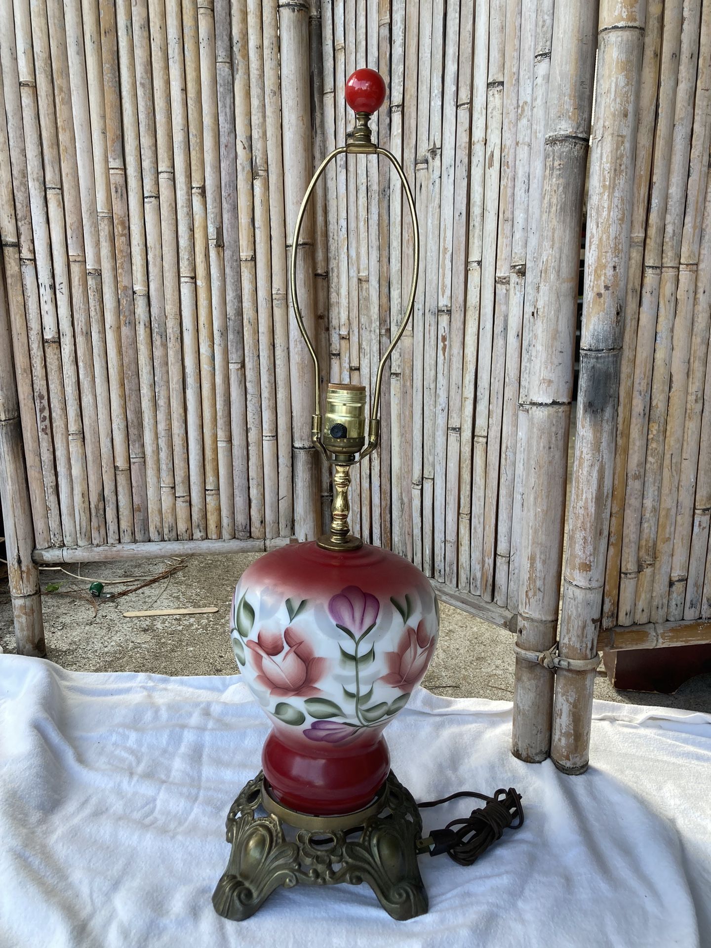 Antique 1904 brass/copper and sandwhich glass handpainted lamp