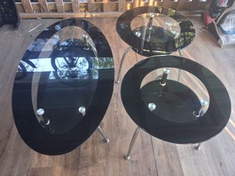3 Piece Table Set Glass and Chrome With Black Glass Shelf