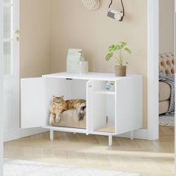 White Wooden Cat Litter Box Enclosure with Storage Shelf